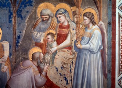 عبادة المجوس. تُظهر السجادة السجدة أمام يسوع بين ذراعي مريم بين الملاك والقديس يوسف (Fresco بواسطة جيوتو (سي 1266 1337)