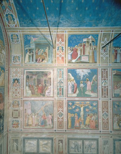 منظر للوحات الجدارية على الجدار الأيسر ، c.1303-05 (بعد الترميم) بواسطة جيوتو دي بوندوني