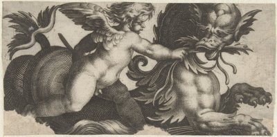 Putto يغذي وحش البحر ورقة الأفاريز مع وحوش البحر (عنوان المسلسل) بواسطة مجهول