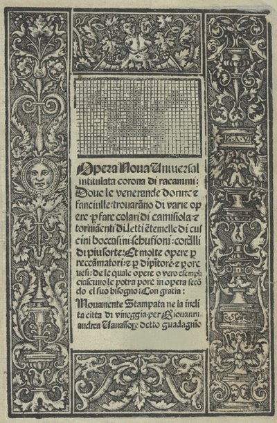 Opera Nova Universali intitulata Corona di racammi ، صفحة العنوان اليمنى ، [1530]. بواسطة جيوفاني أندريا فافاسور