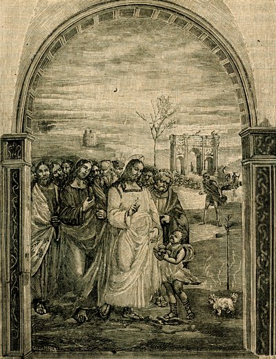مضاعفة الأرغفة والأسماك ، لوحة جدارية من Sodoma (1477-1549) ، قاعة طعام سانتانا في كامبرينا ، بينزا ، توسكانا ، إيطاليا ، نقش خشبي من Le cento citta d