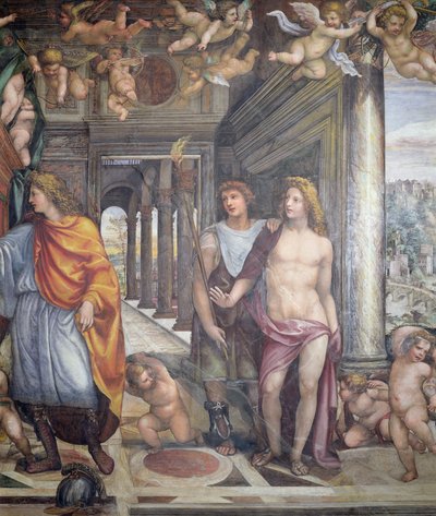 قاعة Sala delle Nozze di Alessandro e Rossana Hall of the زواج الإسكندر الأكبر 356-323 قبل الميلاد وتفاصيل روكسان الإسكندر واثنين من الحاضرين مع putti أعلاه ، c.1513 تفاصيل جدارية من 10 بواسطة جيوفاني أنطونيو بزي سودوما