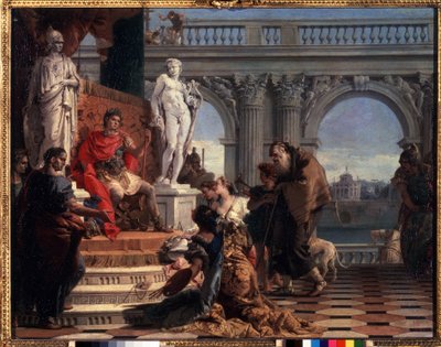 Maecenas يقدم الفنون إلى أغسطس. Caius Cilnius Maecenas (أو Mecene) (حوالي 70 قبل الميلاد - 8 قبل الميلاد) سياسي روماني كرس ثروته وتأثيره لترويج الفنون والآداب بين بواسطة جيوفاني باتيستا تيبولو