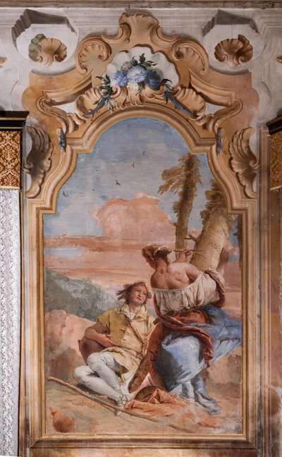 Palazzina (مبنى صغير): غرفة ثانية أو غرفة في Ariosto مع لوحات جدارية تمثل حلقات من "Orlando Furioso": "Angelica و Medoro ينقشان أسمائهما على لحاء النباتات" بواسطة جيوفاني باتيستا تيبولو