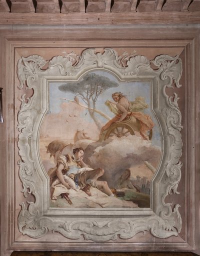 Palazzina (مبنى صغير): منظر للغرفة الرابعة أو Torquato Tasso ، مع لوحات مجانية تمثل حلقات "Jerusalem Delivered": "ترى الساحرة أرميدا رينالدو وهو نائم وتقع في حبه" بواسطة جيوفاني باتيستا تيبولو