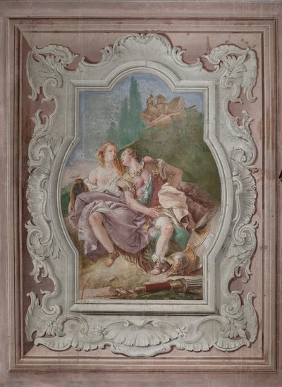 Palazzina (مبنى صغير): منظر للغرفة الرابعة أو Torquato Tasso ، مع لوحات جدارية تمثل حلقات "Jerusalem Delivered": "Rinaldo و Armida في الحديقة المسحورة ، تمت مراقبتهما سراً من قبل Ubaldo و Carlo" بواسطة جيوفاني باتيستا تيبولو