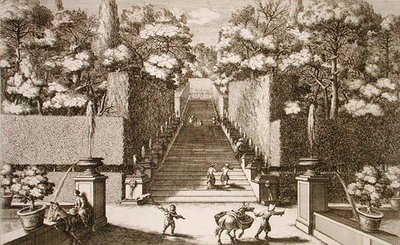 الدرج الكبير في Villa d'Este ، تيفولي ، من "Le Fontane" ، نقش بواسطة Giovanni Francesco Venturini (1650-p.1710) ، نُشر حوالي 1675-90 (نقش) بواسطة جيوفاني باتيستا (بعد) فالدا