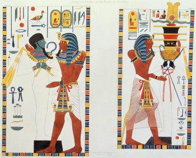 جداريتان من مقابر ملوك طيبة ، اكتشفهما ج. بيلزوني ، اللوحة 5 من "لوحات توضيحية للبحوث في مصر والنوبة" ، نقشها تشارلز هولمانديل (1789-1850) 1820-22 بواسطة جيوفاني باتيستا بيلزوني