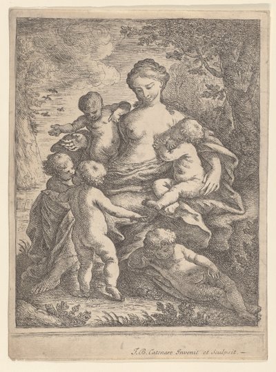 صدقة ، جالسة في منظر طبيعي محاط بخمسة أطفال عراة ، 1692-1727. بواسطة جيوفاني باتيستا كاتينارو