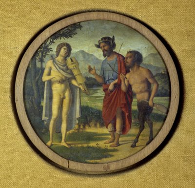 غطاء أداة لوحة المفاتيح مع رسم توضيحي يصور أبولو (مع قيثارة) ومارسياس بواسطة جيوفاني باتيستا سيما دا كونجليانو