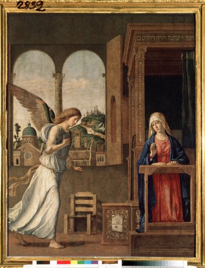"" البشارة "(البشارة) لوحة لجيوفاني باتيستا سيما دا كونيجليانو (حوالي 1459-1517) 1495 Dim. 136x107 cm سانت بطرسبرغ ، متحف المحبسة بواسطة جيوفاني باتيستا سيما دا كونجليانو