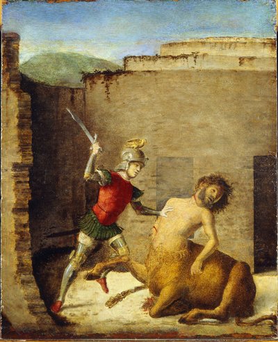 Thesee terrassant le Minotaure (Centaurs) - Thisus Slaying Minotaur - Cima da Conegliano، Giovanni Battista (حوالي 1459-1517) - 1505 - زيت على خشب - 87،4x73،5 - متحف بولدي بيزولي ، ميلانو بواسطة جيوفاني باتيستا سيما دا كونجليانو