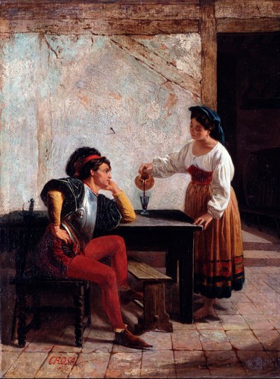 خادم شاب في نزل وجندي لوحة لجيوفاني باتيستا كروسا (نشط بين 1859 و 1882) 1865 Dim 98x64 cm الجينات ، Galleria d