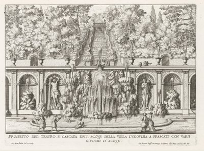 Cascade in Teatro delle Acque in de tuinen van de Villa Torlonia te Frascati نشرة لمسرح وشلال فيلا لودوفيزيا (...) (العنوان على الكائن) نوافير فيلات فراسكاتي (عنوان السلسلة) فونتينين فان فراسكاتي (عنوان المسلسل) بواسطة جيوفاني باتيستا فالدا