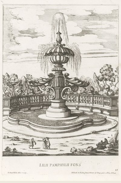 نافورة في حدائق فيلا دوريا بامفيلج في روما Lilii Pamphylii fons (العنوان على الكائن) Le Fontane ne Palazzi e ne giardini di Roma (عنوان المسلسل) نوافير في قصور وحدائق روما (عنوان السلسلة) بواسطة جيوفاني باتيستا فالدا