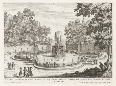 Fontein in de tuinen van de Villa Torlonia te Frascati النافورة العلوية أعلى الدرج والشلال فوق المسرح (...] (العنوان على الكائن) نوافير فيلات فراسكاتي (عنوان السلسلة) فونتينين فان فراسكاتي (عنوان المسلسل) بواسطة جيوفاني باتيستا فالدا