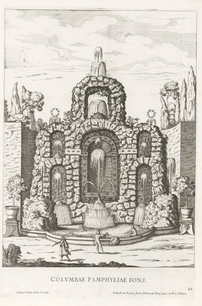 نافورة مع الحمام في حدائق فيلا دوريا بامفيلج في روما Columbae Pamphyliae fons (العنوان على الكائن) Le Fontane ne Palazzi e ne giardini di Roma (عنوان المسلسل) نوافير في قصور وحدائق روما (عنوان السلسلة) بواسطة جيوفاني باتيستا فالدا