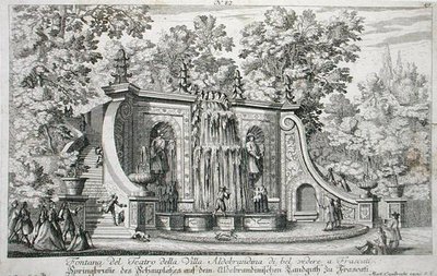 نافورة المسرح في فيلا Aldobrandina ، فراسكاتي ، حوالي 1675 ، من "Le Fontane" ، نُشرت قبل 1687 (نقش) بواسطة جيوفاني باتيستا فالدا