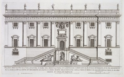 منظر لواجهة Palazzo Senatorio في Piazza del Campidoglio ، روما ، بدأه Michelangelo Buonarroti (1475-1564) وأكمله جيرولامو رينالدي (1570-1655) بواسطة جيوفاني باتيستا فالدا