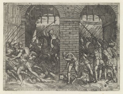 Romeinse soldaten vallen Crustumerium binnen ضحية Crustumeni (...) محروم من جنسيته (اللقب على الشيء) ليفين فان رومولوس أون ريموس (عنوان المسلسل) بواسطة جيوفاني باتيستا فونتانا