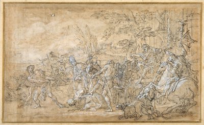 Captives, including a bishop, dragged and bound before the triumphal car of a Roman general (pen & brown ink, pen heightened with white body colour, over preliminaries in black chalk on cream paper) بواسطة جيوفاني باتيستا ليناردي
