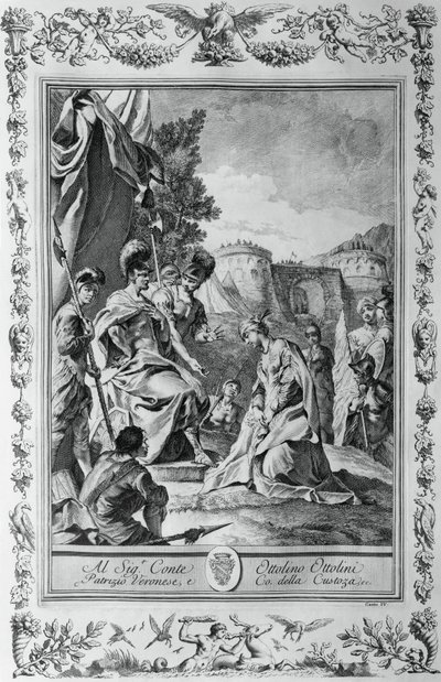 أرميدا أمام جوفريدو ، نقش بقلم جيوفاني باتيستا بيازيتا (1683-1754) لكانتو الثالث من القدس تسليمه ، توركواتو تاسو (1544-1595) ، نشره جيوفاني باتيستا ألبريتزي ، البندقية ، إيطاليا بواسطة جيوفاني باتيستا بيازيتا