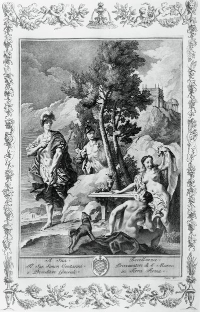 كارلو وأوبالدو في الجزر السعيدة ، نقش ، بقلم جيوفاني باتيستا بيازيتا (1683-1754) لكانتو الخامس عشر من القدس تسليمها ، توركواتو تاسو (1544-1595) ، طبعة جيوفاني باتيستا ألبريتزي ، البندقية ، إيطاليا بواسطة جيوفاني باتيستا بيازيتا