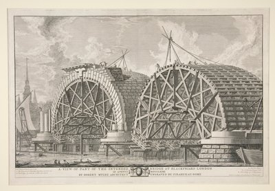 منظر لجزء من الجسر المقصود في Blackfriars ، لندن ، في أغسطس MDCCLXIIII بواسطة روبرت ميلن ، مهندس معماري ، نقش بواسطة Piranesi في روما بواسطة جيوفاني باتيستا بيرانيسي