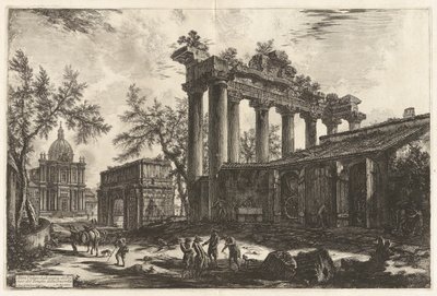 Altra Veduta degli avanzi del Pronao del Tempio del Concordia (منظر آخر لبقايا برونوس من معبد كونكورد [معبد زحل مع قوس سبتيموس سيفيروس في الخلفية اليسرى]) ، من فيدوت دي روما (مناظر لروما) بواسطة Giovanni-Battista Piranesi