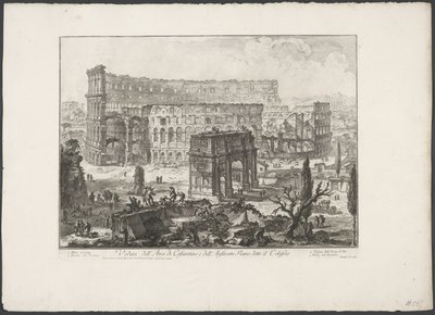 Boog van Constantijn en het Colosseum te Rome view of the arch of Constantine، and Flavian Amphitheatre المعروف باسم الكولوسيوم (العنوان على الكائن) Gezichten op Rome (عنوان السلسلة) مناظر لروما رسمها ونقشها المهندس المعماري Giambattista Piranesi Ve (nez)  بواسطة جيوفاني باتيستا بيرانيسي