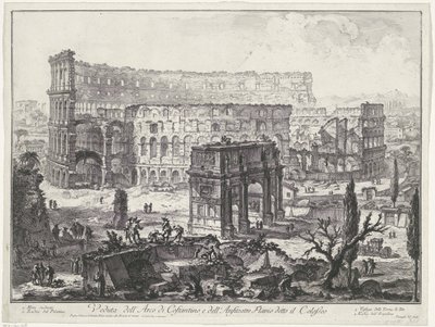 Boog van Constantijn en het Colosseum te Rome view of the arch of Constantine، and Flavian Amphitheatre المعروف باسم الكولوسيوم (العنوان على الكائن) Gezichten op Rome (عنوان السلسلة) مناظر لروما رسمها ونقشها المهندس المعماري Giambattista Piranesi Ve (nez)  بواسطة جيوفاني باتيستا بيرانيسي