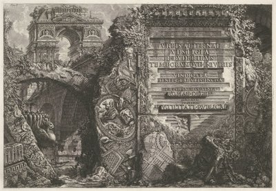 التقى Frontispiece أطلال العتيقة en een triumphboog واجهة المجلد الأول من "Le Antichità Romane" I. B. B. Pranesius Venet Rome ، الذي يعيش في عصره من أجل الأجيال القادمة والمنفعة بواسطة جيوفاني باتيستا بيرانيسي
