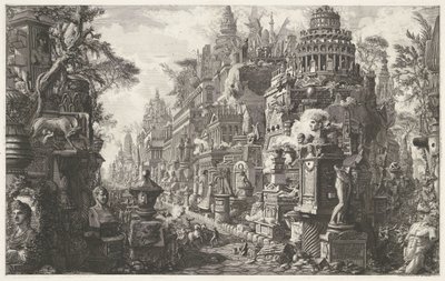 التقى Frontispiece een fantasievoorstelling van de Via Appia Antica واجهة الجزء الثاني من "Le Antichità Romane" منظر لمفترق طرق قديم لطريق Appian و Ardeatian عند الحجر الثاني خارج البوابة (العنوان على الكائن) Archeologische vondsten in en بواسطة جيوفاني باتيستا بيرانيسي