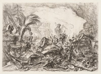 غروتشي: أطلال مع تمثال لحيوان وعمود ساقط بواسطة Giovanni-Battista Piranesi