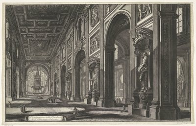 Interieur van de Sint-Jan van Lateranen te Rome منظر داخلي لكنيسة S. Giovanni Laterano (العنوان على الجسم) Gezichten op Rome (عنوان المسلسل) مناظر لروما رسمها ونقشها المهندس المعماري جيامباتيستا بيرانيزي Ve (nez) iano (عنوان السلسلة) بواسطة جيوفاني باتيستا بيرانيسي