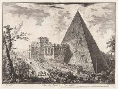 منظر لـ Sepolcro di Cajo Cestio (منظر للمقبرة الهرمية لـ Caius Cestius [مع Porta S. Paolo إلى اليسار]) ، من Vedute di Roma (مناظر من روما) بواسطة جيوفاني باتيستا بيرانيسي