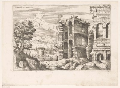 Gezicht op het Colosseum en omgeving te Rome نشرة Colosseum ro (العنوان على الكائن) الآثار الرومانية (عنوان المسلسل) بعض الآثار الهامة في العصور الرومانية (...) (عنوان السلسلة) بواسطة جيوفاني باتيستا بيتوني (الأول)