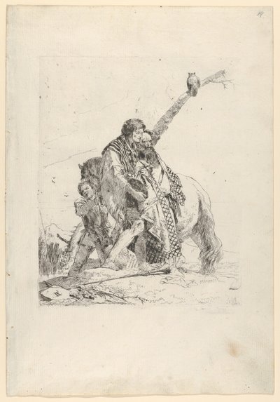 ثلاثة رجال يقفون بجانب حصان ، من Scherzi ، كاليفورنيا. 1740. بواسطة جيوفاني باتيستا تيبولو