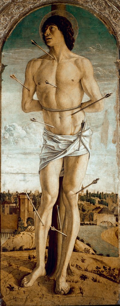 Polyptych of Saint Vincent Ferrier: Saint Sebastian (Polyptych of St Vincent Ferrer: St Sebastian) لوحة بقلم Giovanni Bellini dit il Giambellino (حوالي 1432-1516) 1464-1468 Dim 167x67 cm كنيسة سانتي جيوفاني إي باولو في البندقية بواسطة جيوفاني بيليني