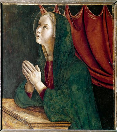 Polyptych of Saint Vincent Ferrier: عذراء البشارة (Polyptych للقديس فنسنت فيرير: عذراء البشارة) لوحة لجيوفاني بيليني ديت إيل جيامبيلينو (حوالي 1432-1516) 1464-1468 قاتمة 72x67 سم كنيسة سانتي جيوفاني إي باولو في البندقية بواسطة جيوفاني بيليني