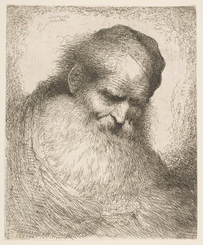 رجل ملتح يرتدي قبعة ينظر لأسفل إلى اليمين ، من سلسلة 'Heads in Or ...، ca. 1648-50. بواسطة جيوفاني بينيديتو كاستيجليون