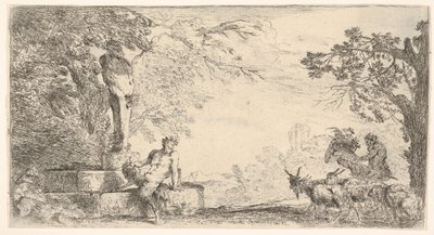 هشاشة مستلقية عند سفح دعامة بريابوس ، الماعز على اليمين ، كاليفورنيا. 1645-48. بواسطة جيوفاني بينيديتو كاستيجليون