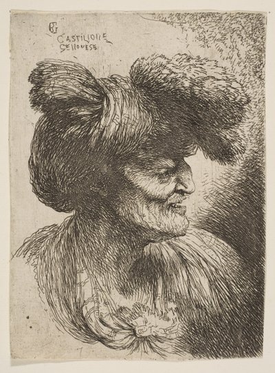 تمثال نصفي لرجل عجوز لا لحى في صورة جانبية تواجه اليمين ، من سلسلة Small Head ...، ca. 1645-1650. بواسطة جيوفاني بينيديتو كاستيجليون