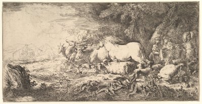 دخول الحيوانات إلى سفينة نوح ، ثلاثة رجال يتبعون الرباعي والطيور stridin ... ، كاليفورنيا. 1650-55. بواسطة جيوفاني بينيديتو كاستيجليون