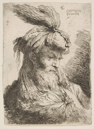 رأس رجل ملتح مع عمامة تواجه اليمين ، من سلسلة رؤوس صغيرة ... ، كاليفورنيا. 1645-1650. بواسطة جيوفاني بينيديتو كاستيجليون