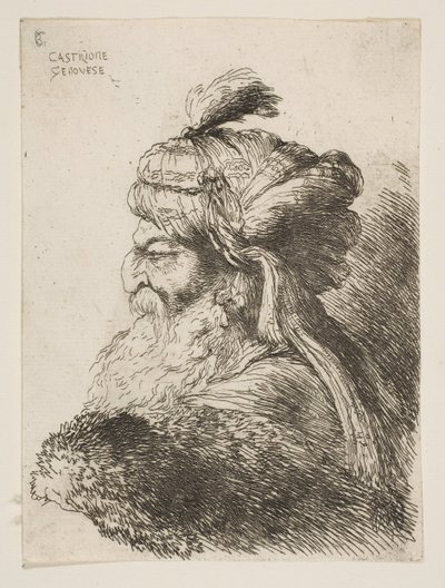 رأس رجل عجوز مع عمامة تواجه اليسار ، من سلسلة رؤوس صغيرة في ... ، كاليفورنيا. 1645-1650. بواسطة جيوفاني بينيديتو كاستيجليون