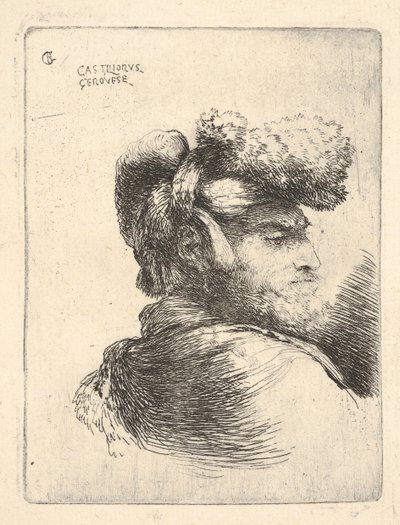 رجل في صورة جانبية يواجه اليمين ، يرتدي قبعة من الفرو ، من سلسلة من Small Heads in Or ...، ca. 1645-1650. بواسطة جيوفاني بينيديتو كاستيجليون
