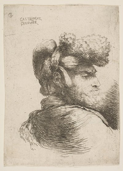رجل في صورة جانبية يواجه اليمين ، يرتدي قبعة من الفرو ، من سلسلة من Small Heads in Or ...، ca. 1645-1650. بواسطة جيوفاني بينيديتو كاستيجليون