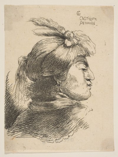 رجل يرتدي عمامة صغيرة مزينة بأعمدة وشريط ، يواجه اليمين ، من ... ، كاليفورنيا. 1645-1650. بواسطة جيوفاني بينيديتو كاستيجليون