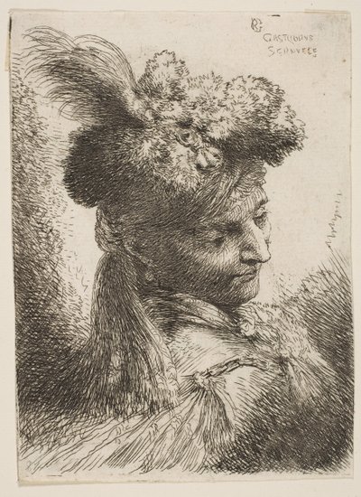 شاب يواجه ثلاثة أرباع اليمين يرتدي غطاء رأس من الفرو مع عمود ، جوهرة ... ، كاليفورنيا. 1645-1650. بواسطة جيوفاني بينيديتو كاستيجليون